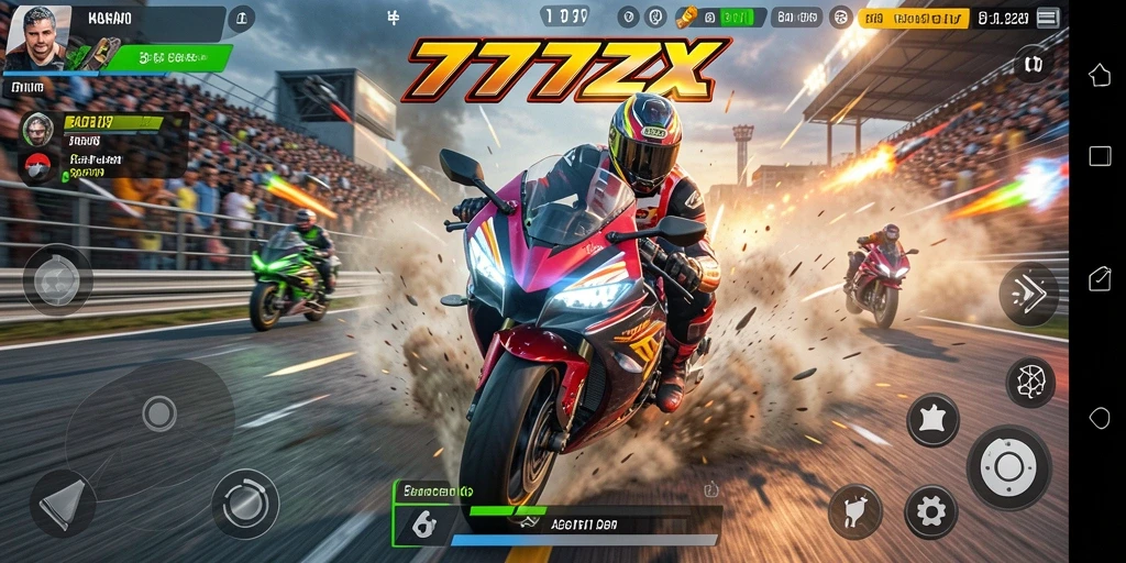Screenshot utama dari gameplay 777ZX yang menunjukkan balapan motor yang mendebarkan.