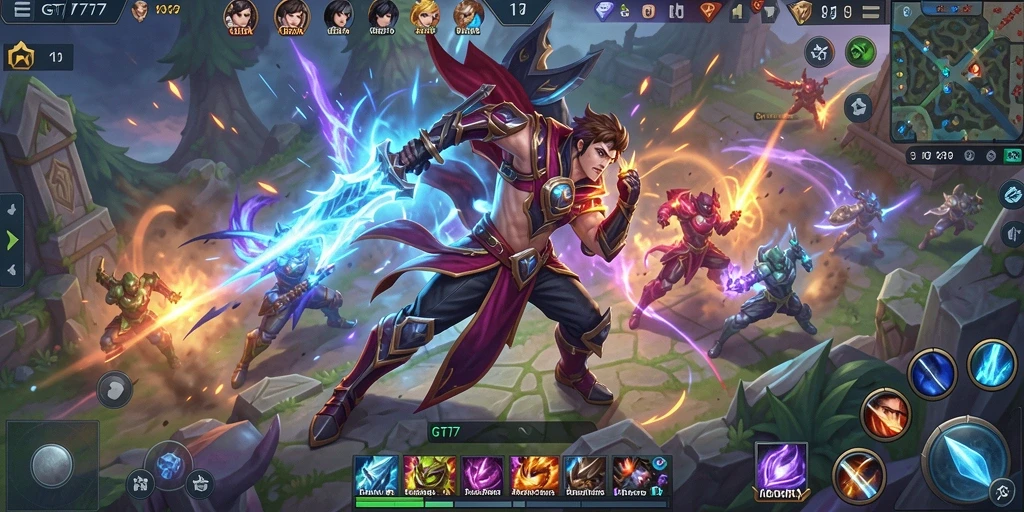 Tangkapan layar utama GT777 menampilkan aksi pertempuran MOBA yang seru.