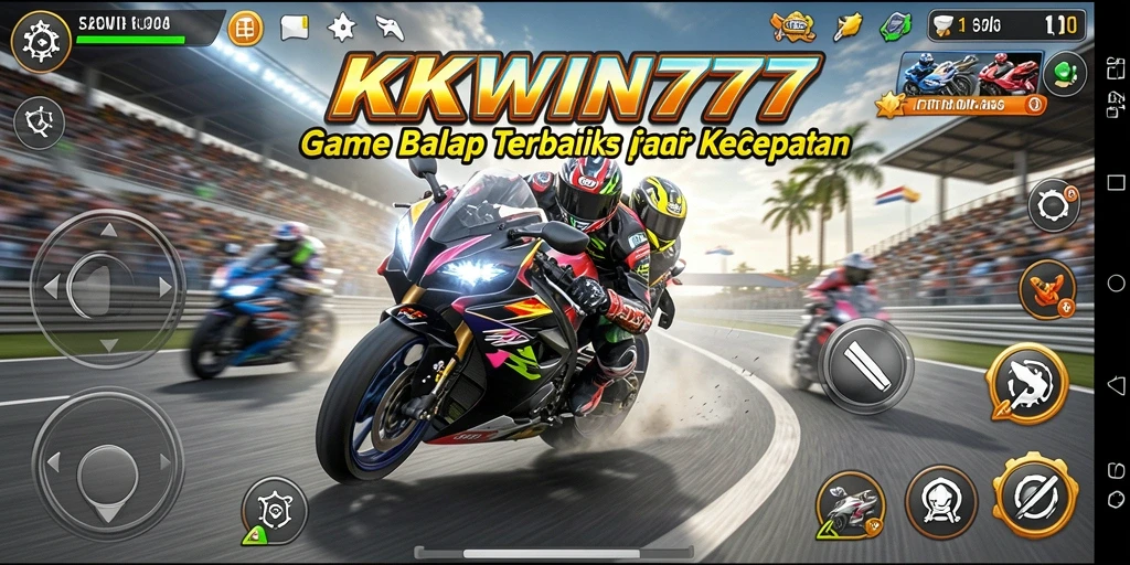 Screenshot dari gameplay <strong>KKWIN777</strong> menampilkan balapan motor yang mendebarkan.