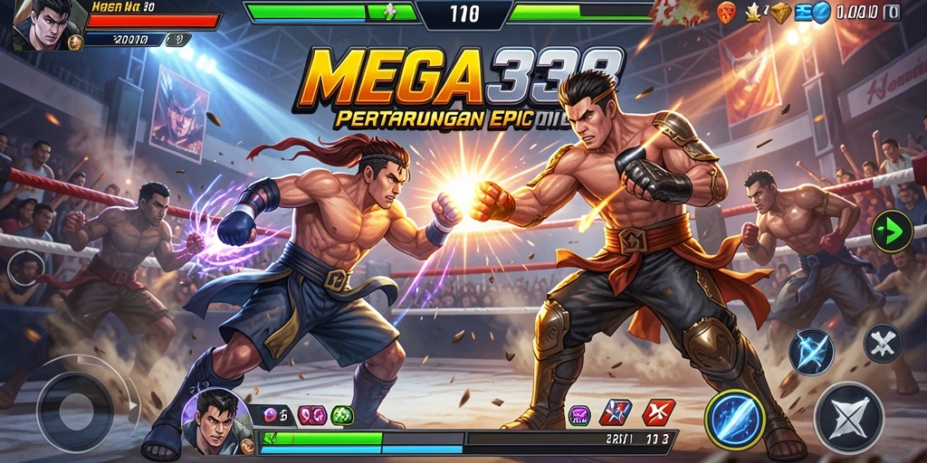 Screenshot gameplay <strong>MEGA338</strong> menampilkan pertarungan seru dengan karakter yang beraksi.