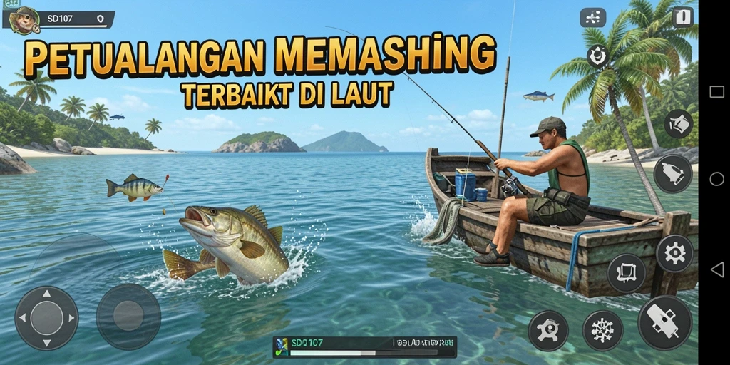 Screenshot <strong>SD107</strong> menunjukkan pemain sedang menangkap ikan di lautan biru.