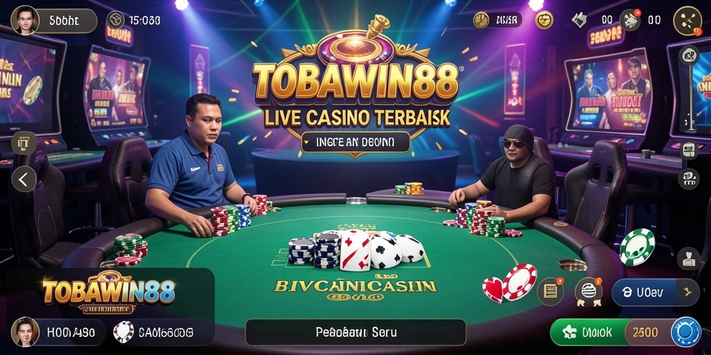 Screenshot gameplay TOBAWIN88 menampilkan dealer profesional dalam suasana kasino yang hidup.