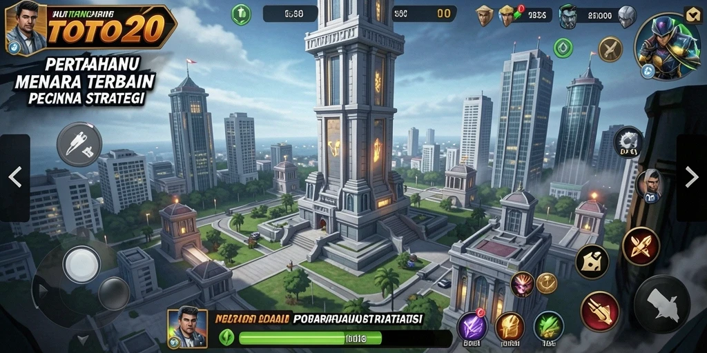 Screenshot gameplay TOTO20 menampilkan aksi pertahanan menara yang intens.